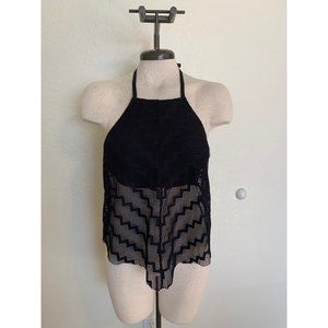 Women's Kona Sol Crochet High Neck Chevron Tankini Swim Black Top Large